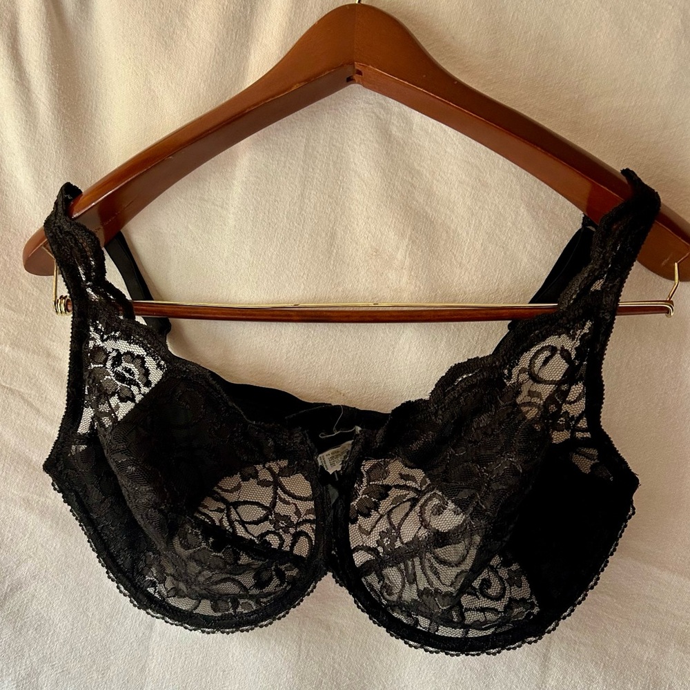 Vintage Black Lace Bra 42D Underwire Lingerie Retro Adjustable Pinup Valentines